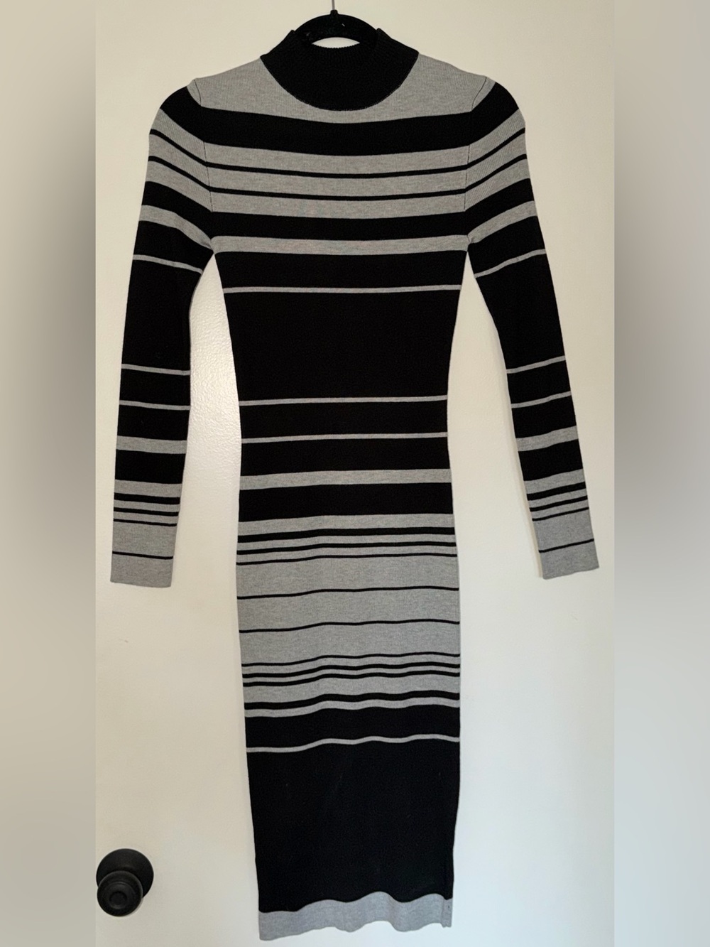 Love Always Black Gray Striped Mock Neck Midi Sweater